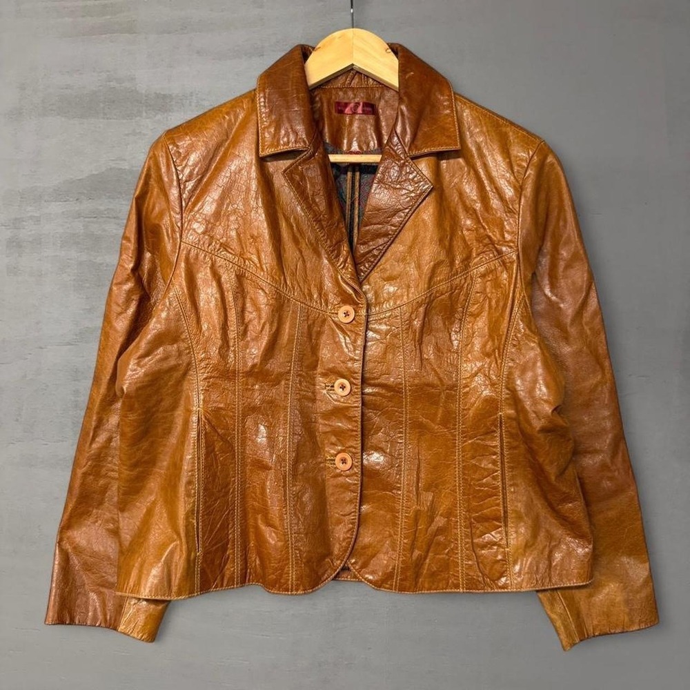 Wilsons Leather Jacket Cognac Brown Paisley Lined Button Front Women's Medium